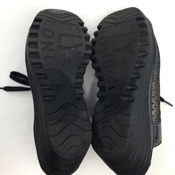 Fly London Black Metallic Perforated Leather Slingback Lace Up Chunky Wedges - Picture 14 of 16